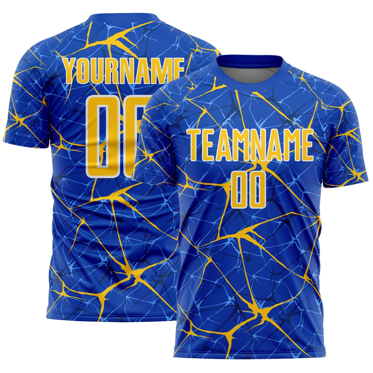 Custom Thunder Blue Yellow-White Abstract Network Crackle Sublimation Soccer Uniform Jersey - Main View