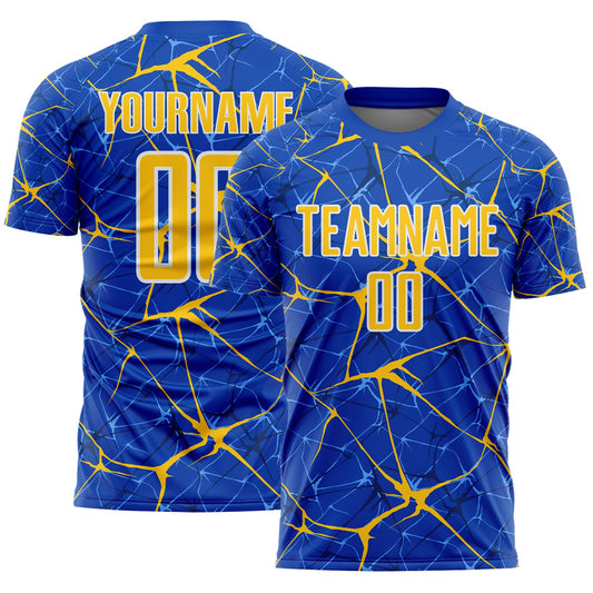 Custom Thunder Blue Yellow-White Abstract Network Crackle Sublimation Soccer Uniform Jersey - Main View