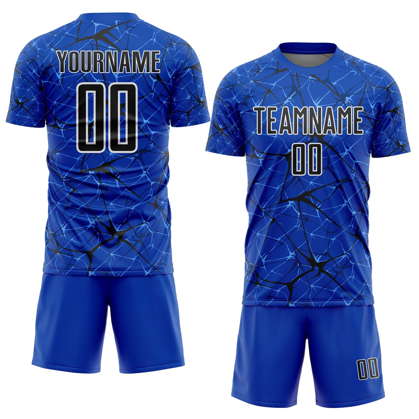Custom Thunder Blue Black-White Abstract Network Crackle Sublimation Soccer Uniform Jersey view 2