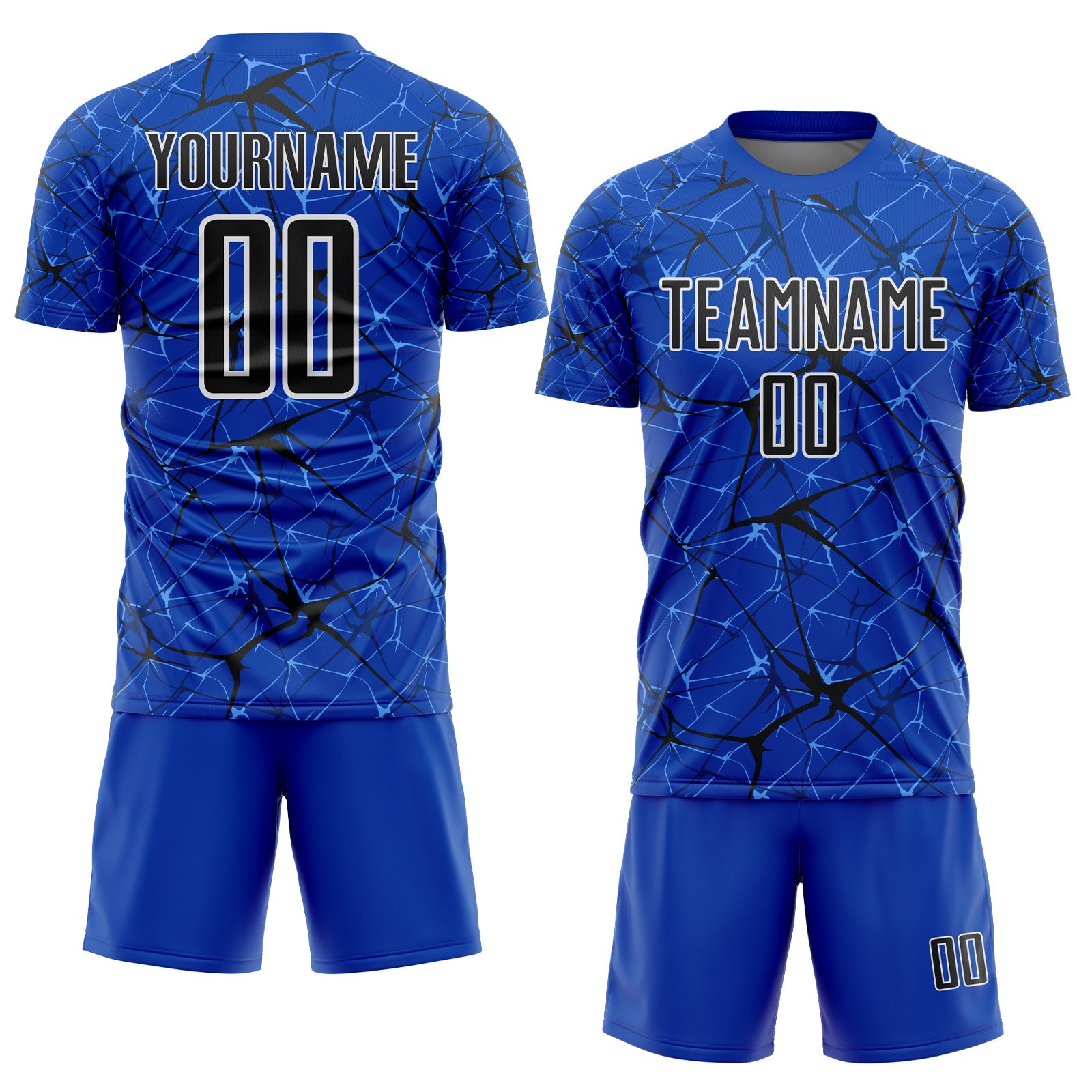 Custom Thunder Blue Black-White Abstract Network Crackle Sublimation Soccer Uniform Jersey view 2