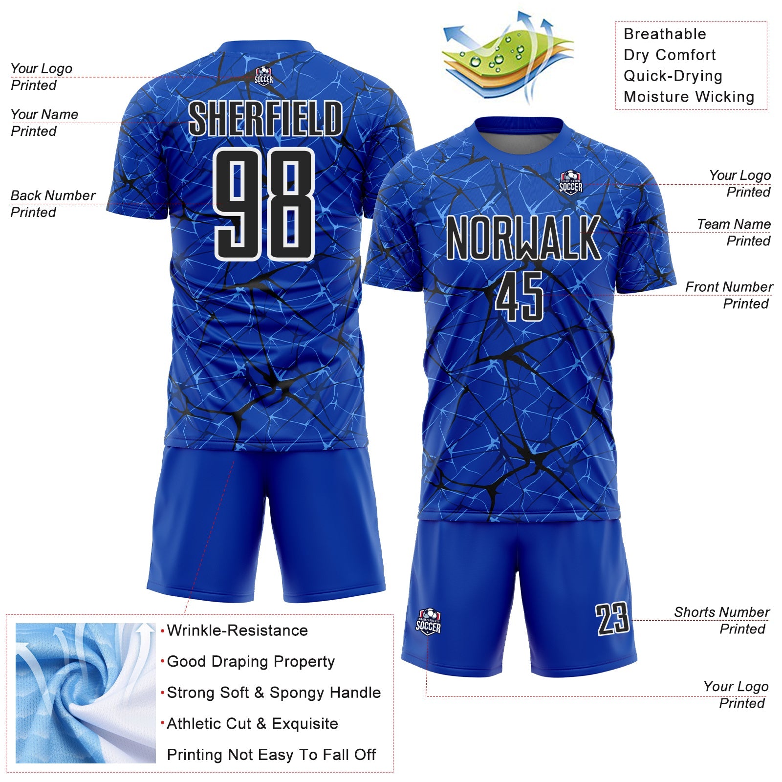 Custom Thunder Blue Black-White Abstract Network Crackle Sublimation Soccer Uniform Jersey view 4