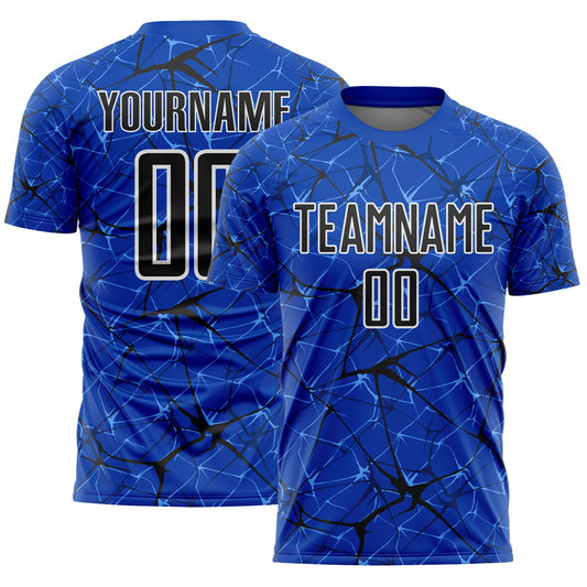 Custom Thunder Blue Black-White Abstract Network Crackle Sublimation Soccer Uniform Jersey - Main View