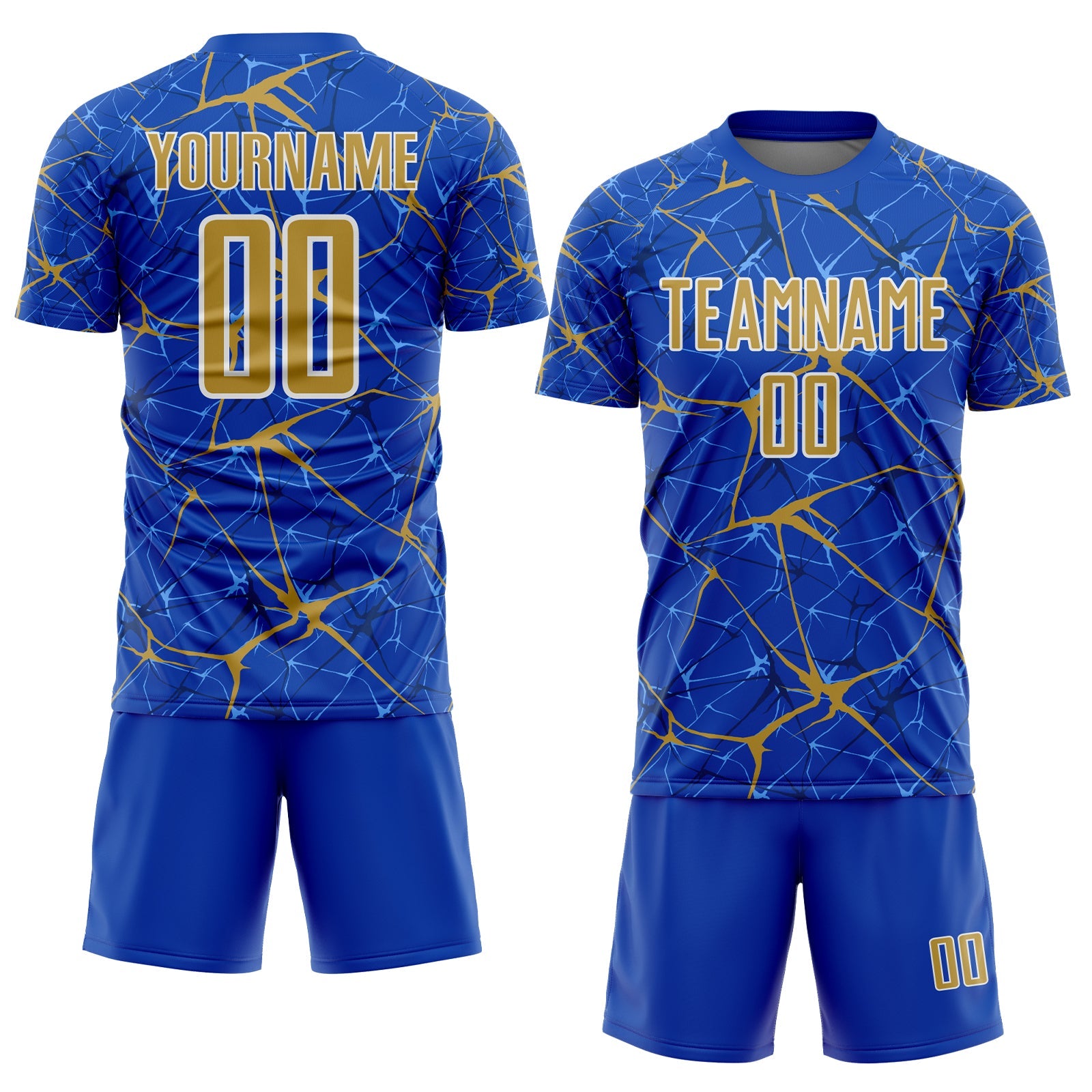 Custom Thunder Blue Old Gold-White Abstract Network Crackle Sublimation Soccer Uniform Jersey view 2