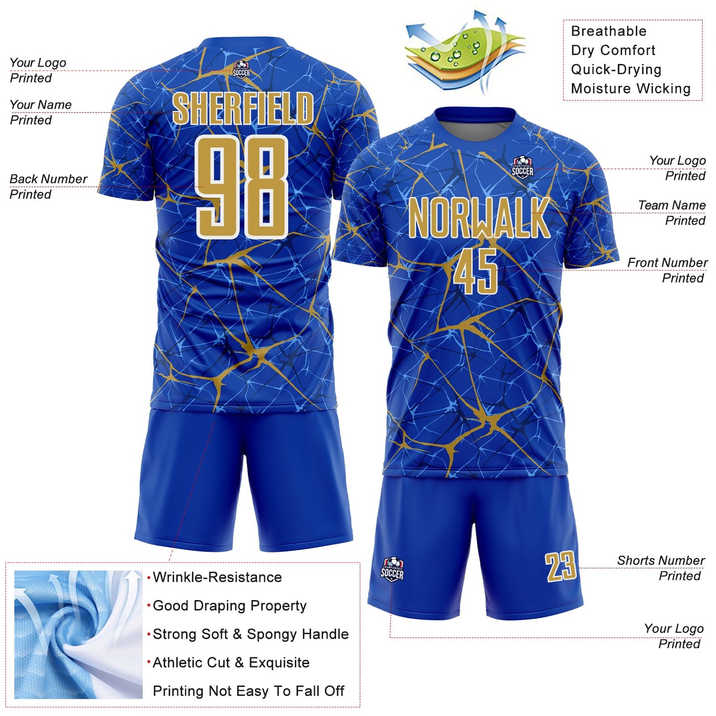 Custom Thunder Blue Old Gold-White Abstract Network Crackle Sublimation Soccer Uniform Jersey view 4