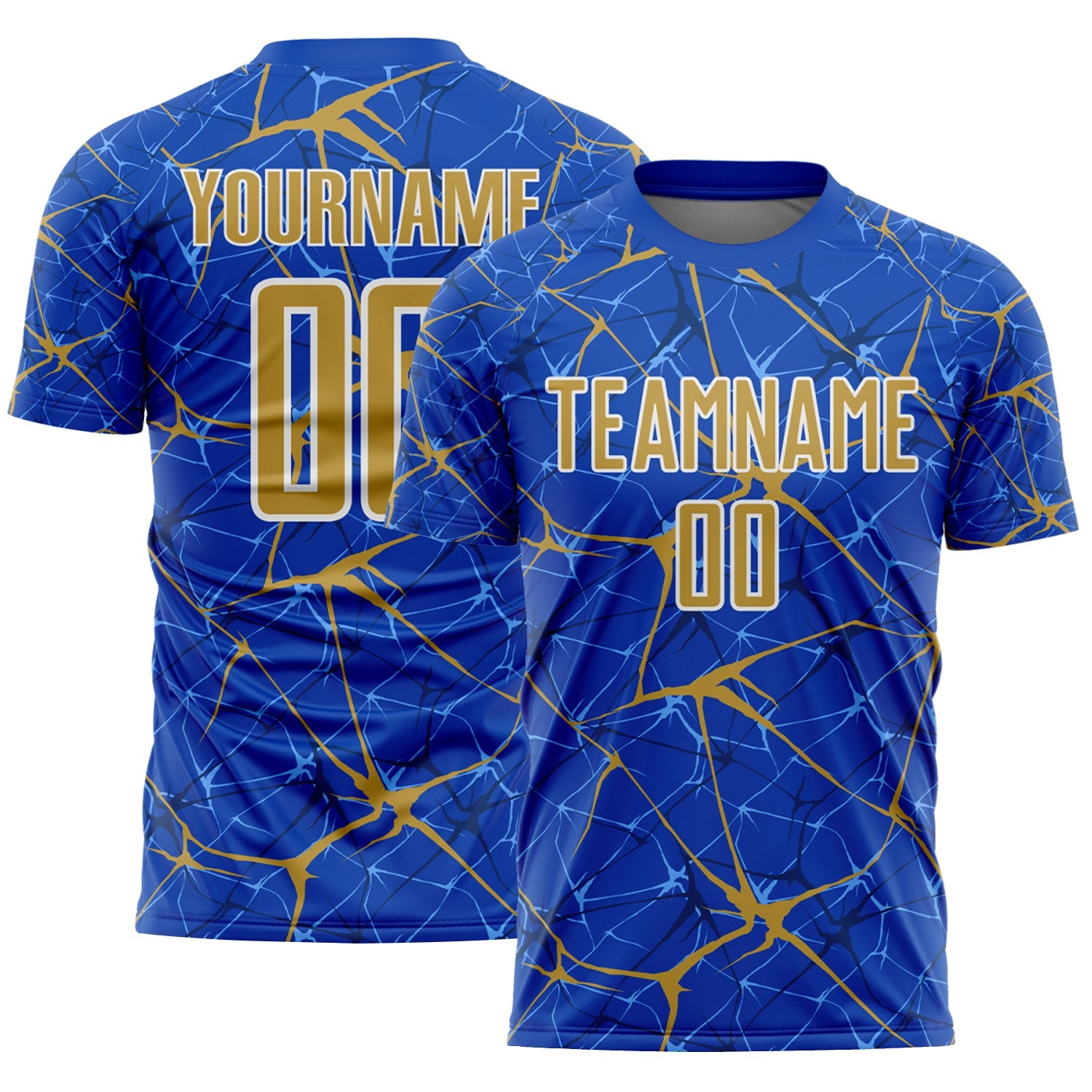 Custom Thunder Blue Old Gold-White Abstract Network Crackle Sublimation Soccer Uniform Jersey - Main View