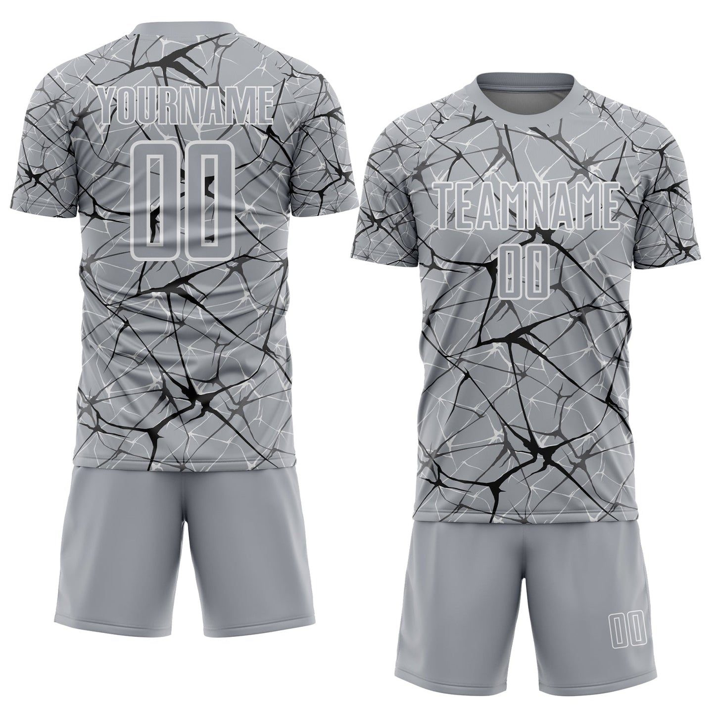 Custom Gray Black-White Abstract Network Crackle Sublimation Soccer Uniform Jersey view 2