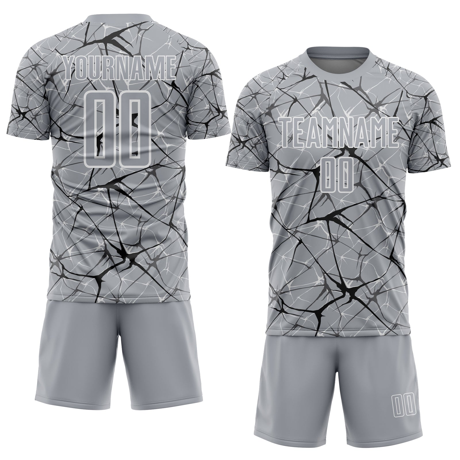 Custom Gray Black-White Abstract Network Crackle Sublimation Soccer Uniform Jersey view 2
