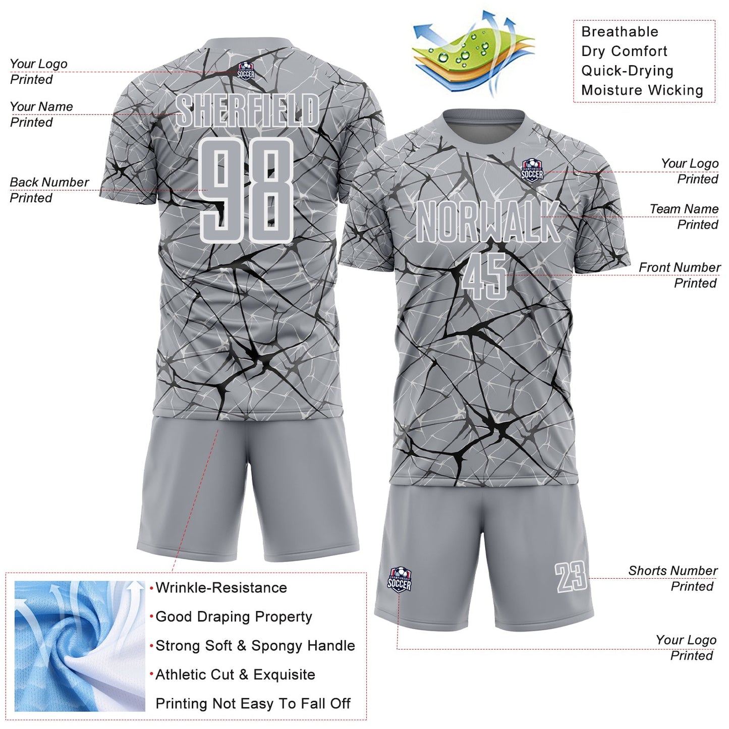 Custom Gray Black-White Abstract Network Crackle Sublimation Soccer Uniform Jersey view 4