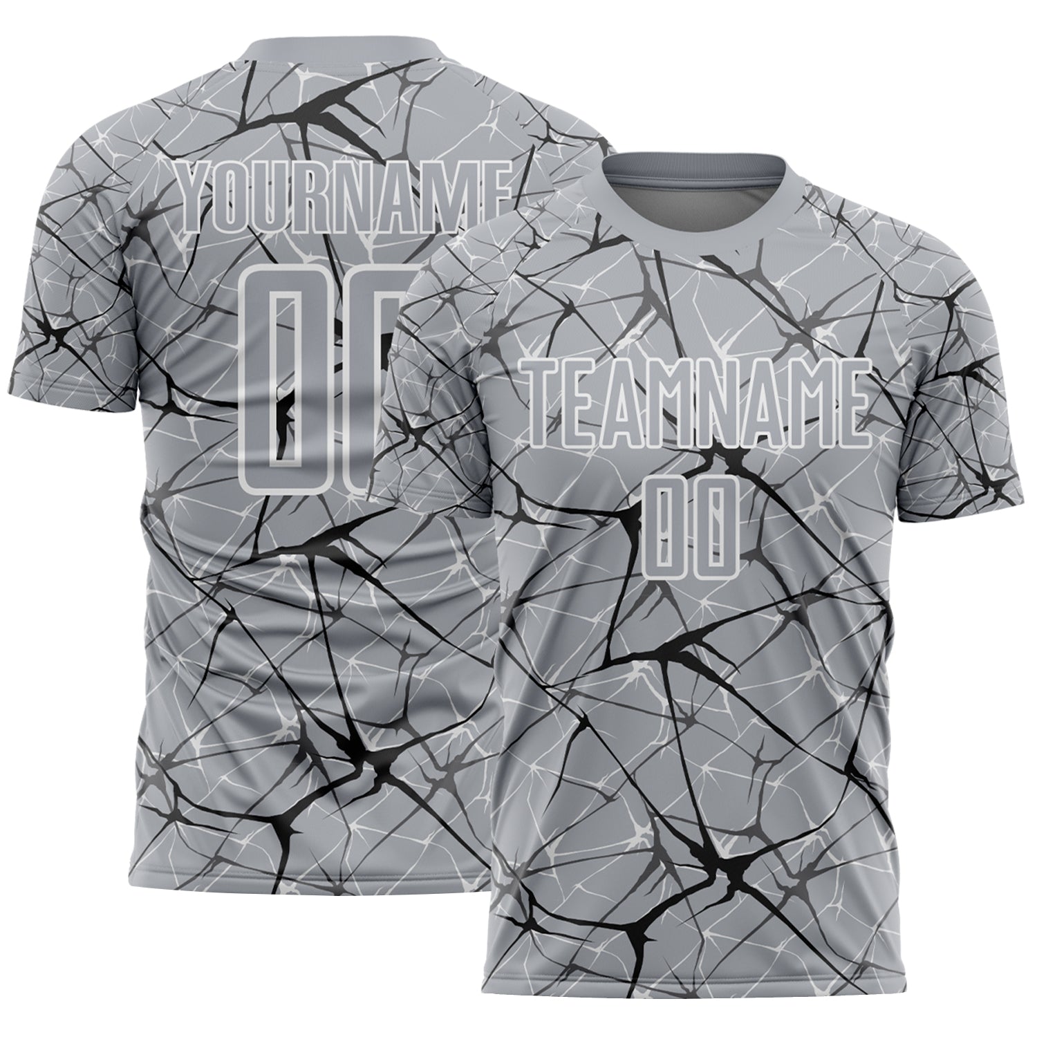 Custom Gray Black-White Abstract Network Crackle Sublimation Soccer Uniform Jersey - Main View
