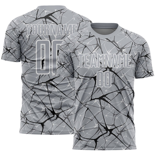 Custom Gray Black-White Abstract Network Crackle Sublimation Soccer Uniform Jersey - Main View