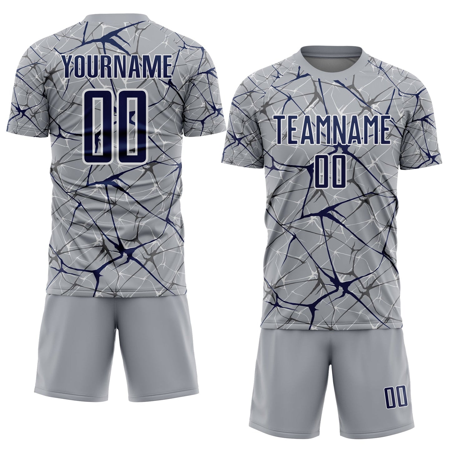 Custom Gray Navy-White Abstract Network Crackle Sublimation Soccer Uniform Jersey view 2