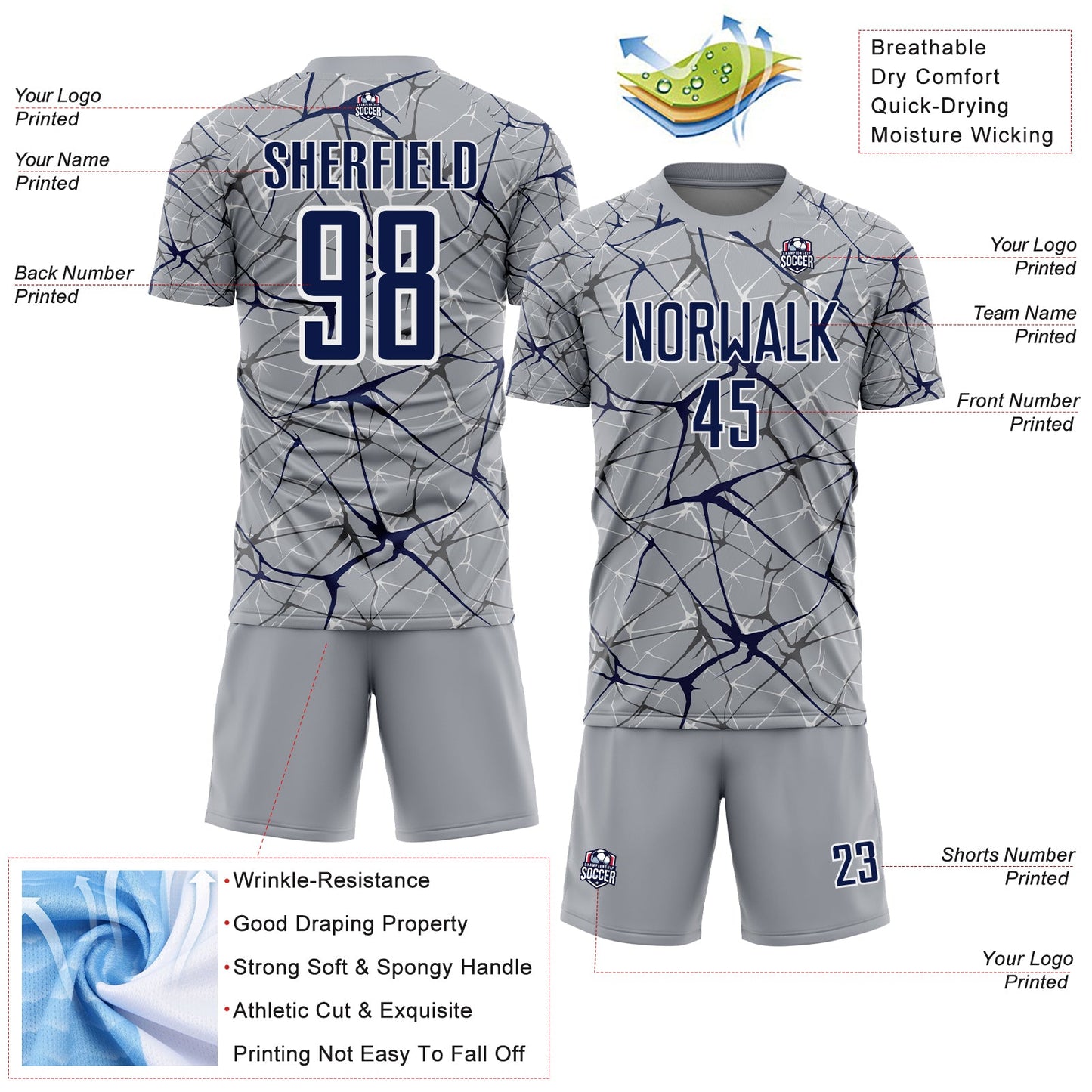 Custom Gray Navy-White Abstract Network Crackle Sublimation Soccer Uniform Jersey view 4