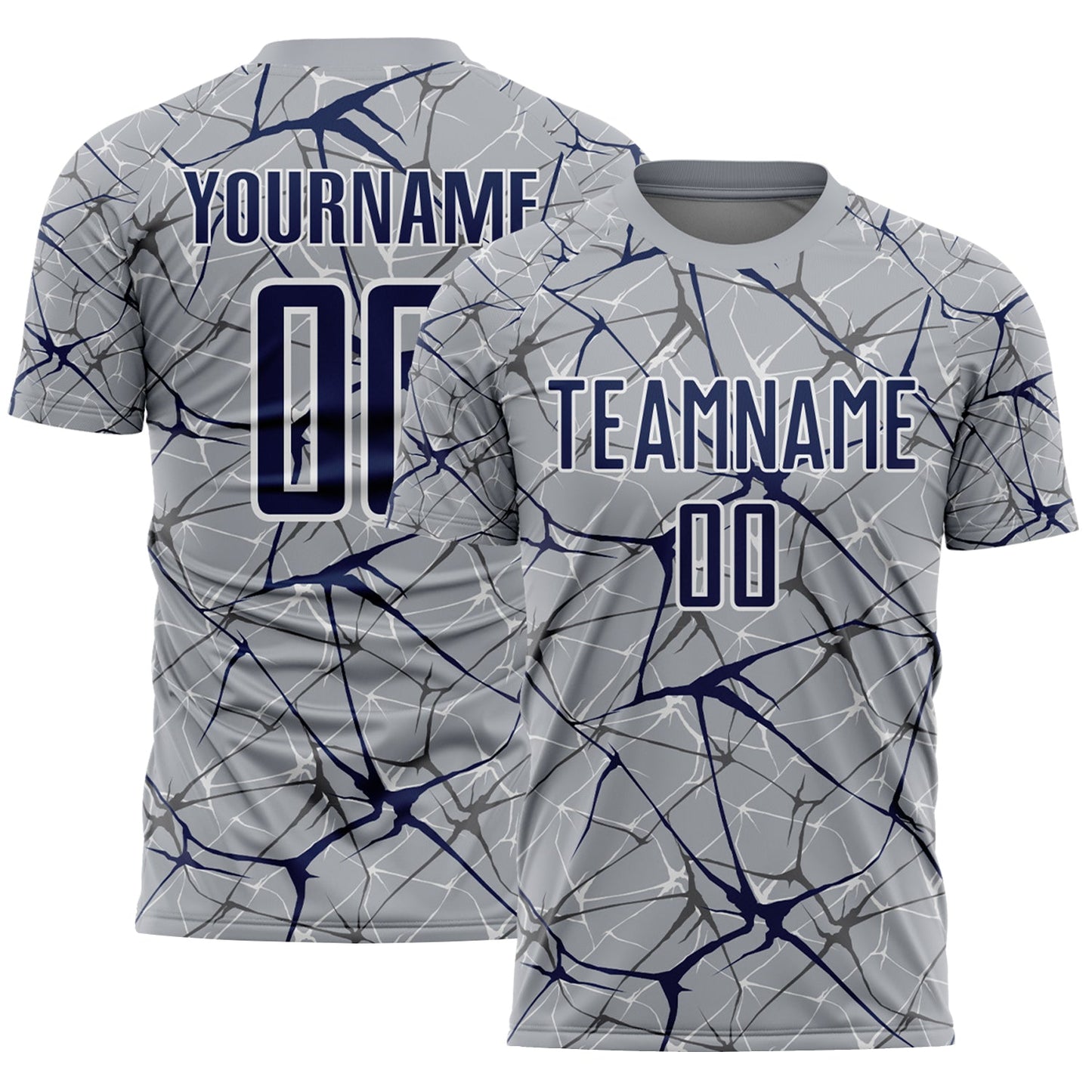 Custom Gray Navy-White Abstract Network Crackle Sublimation Soccer Uniform Jersey - Main View