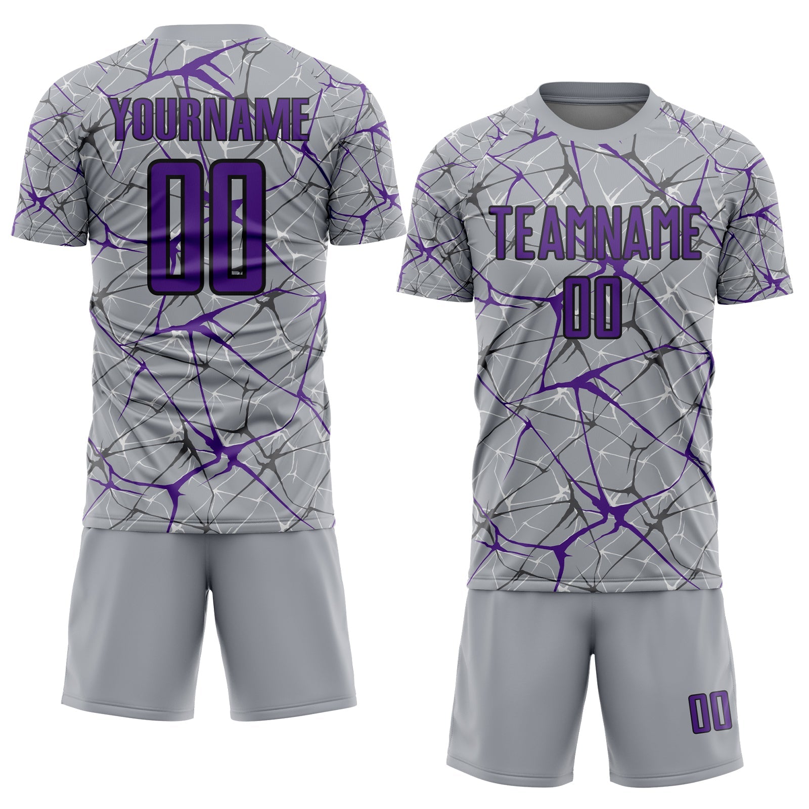 Custom Gray Purple-Black Abstract Network Crackle Sublimation Soccer Uniform Jersey view 2