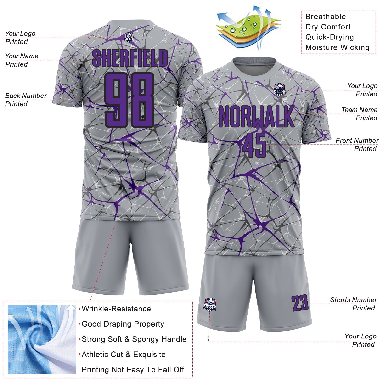 Custom Gray Purple-Black Abstract Network Crackle Sublimation Soccer Uniform Jersey view 4