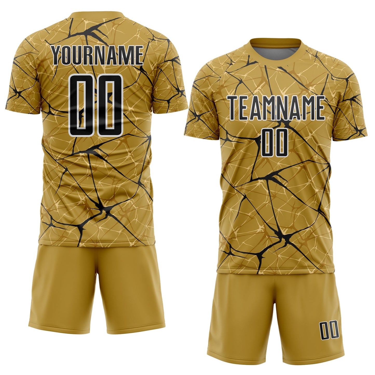 Custom Old Gold Black-White Abstract Network Crackle Sublimation Soccer Uniform Jersey view 2