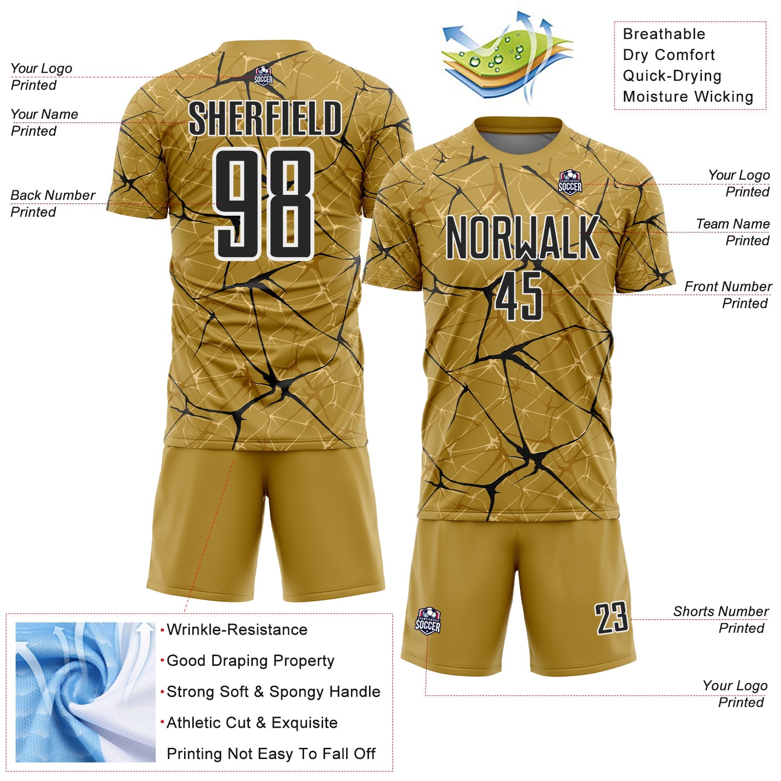 Custom Old Gold Black-White Abstract Network Crackle Sublimation Soccer Uniform Jersey view 4