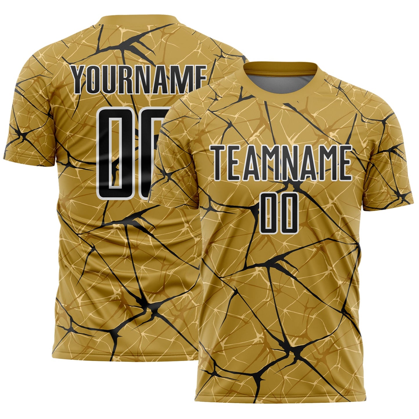 Custom Old Gold Black-White Abstract Network Crackle Sublimation Soccer Uniform Jersey - Main View