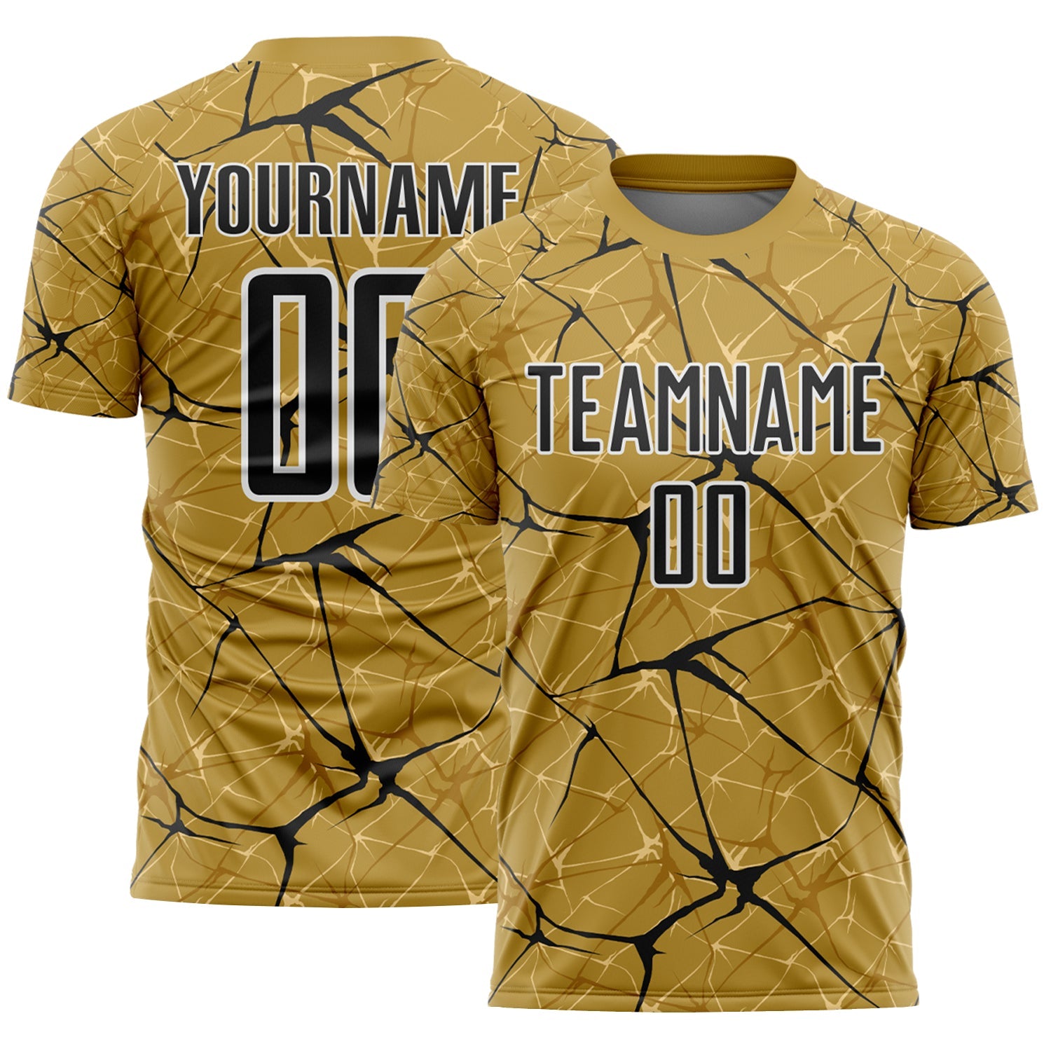 Custom Old Gold Black-White Abstract Network Crackle Sublimation Soccer Uniform Jersey - Main View
