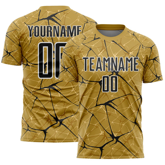 Custom Old Gold Black-White Abstract Network Crackle Sublimation Soccer Uniform Jersey - Main View