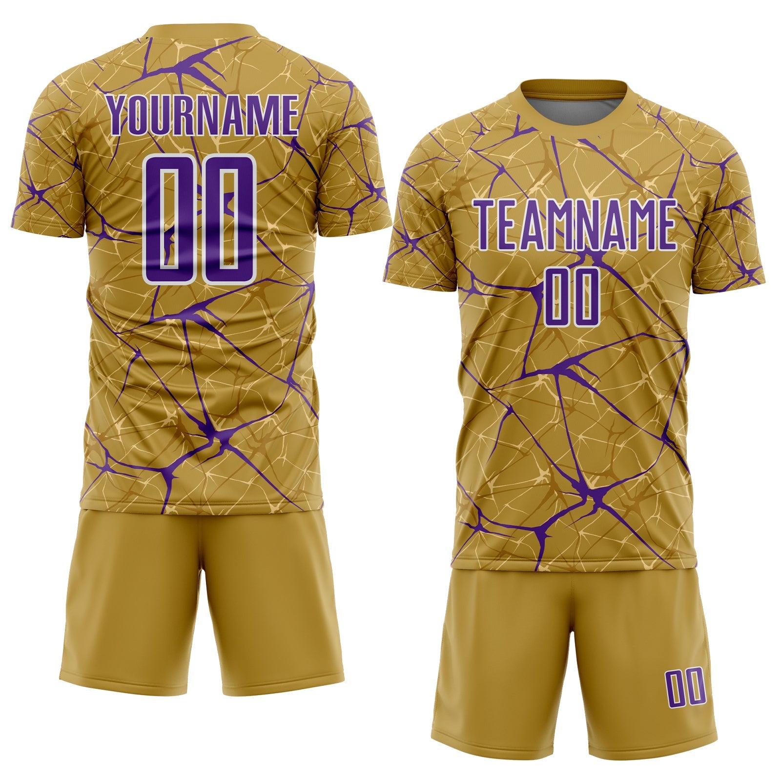 Custom Old Gold Purple-White Abstract Network Crackle Sublimation Soccer Uniform Jersey view 2