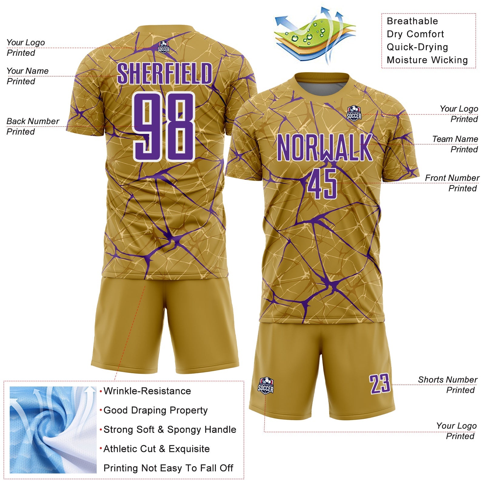 Custom Old Gold Purple-White Abstract Network Crackle Sublimation Soccer Uniform Jersey view 4