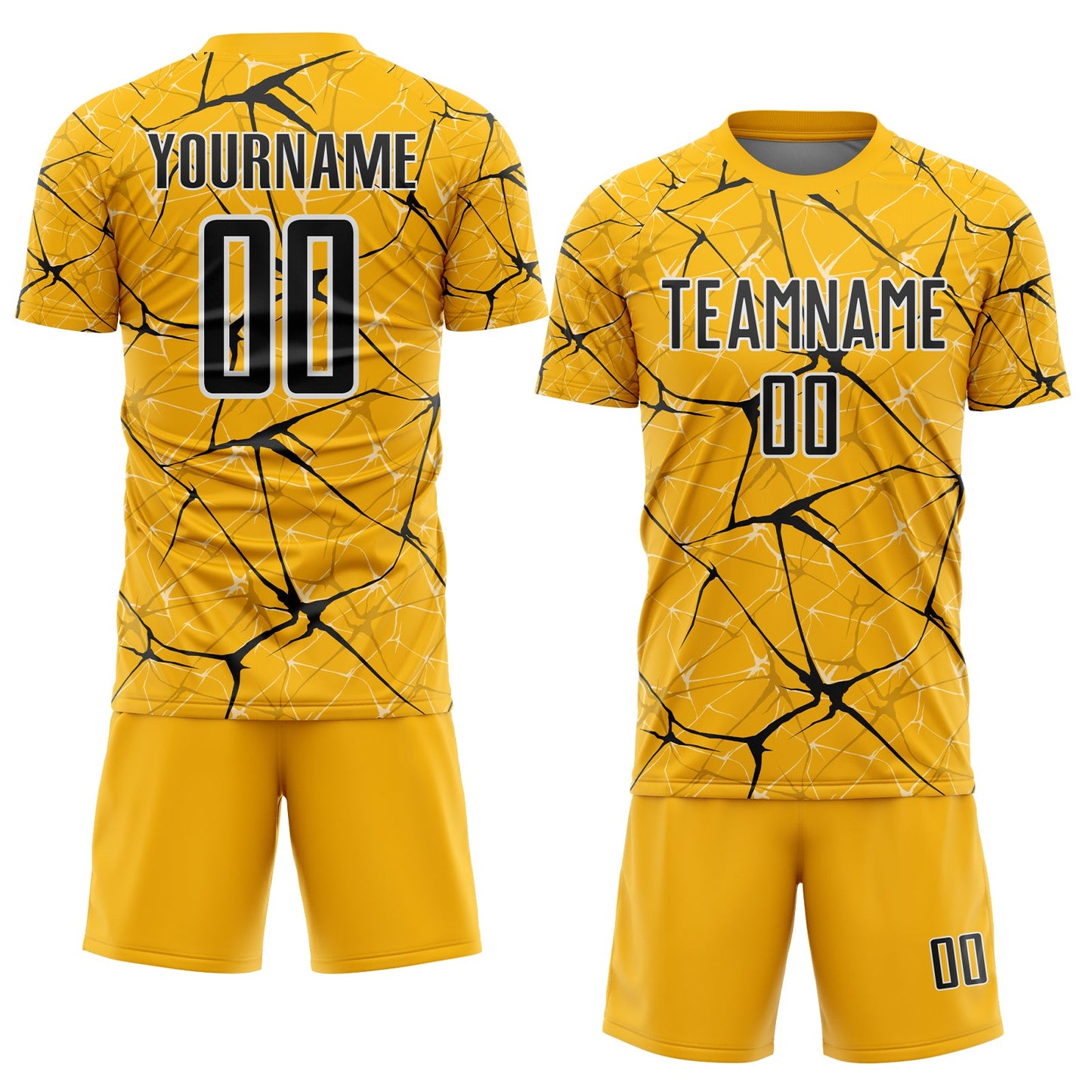 Custom Gold Black-White Abstract Network Crackle Sublimation Soccer Uniform Jersey view 2