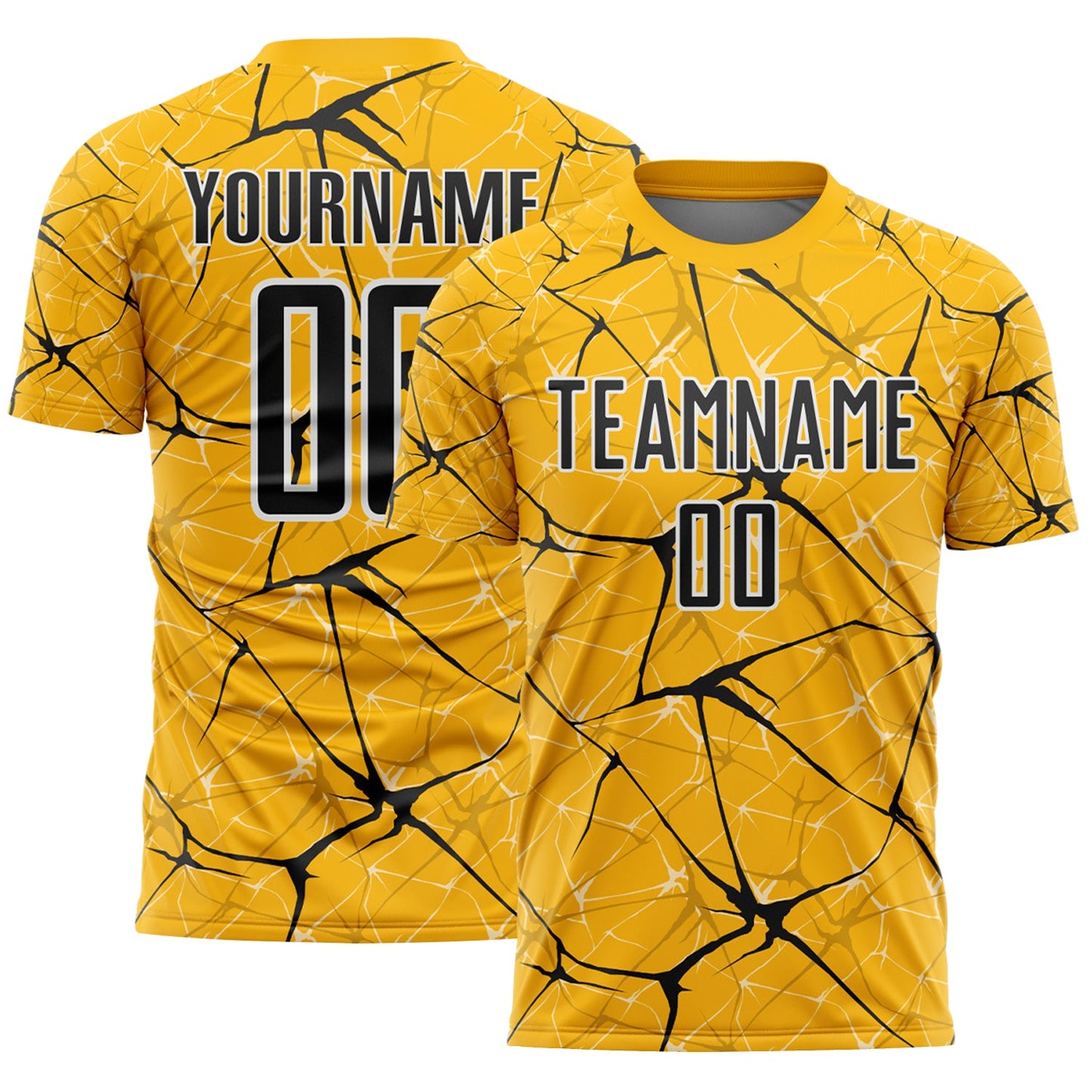 Custom Gold Black-White Abstract Network Crackle Sublimation Soccer Uniform Jersey - Main View