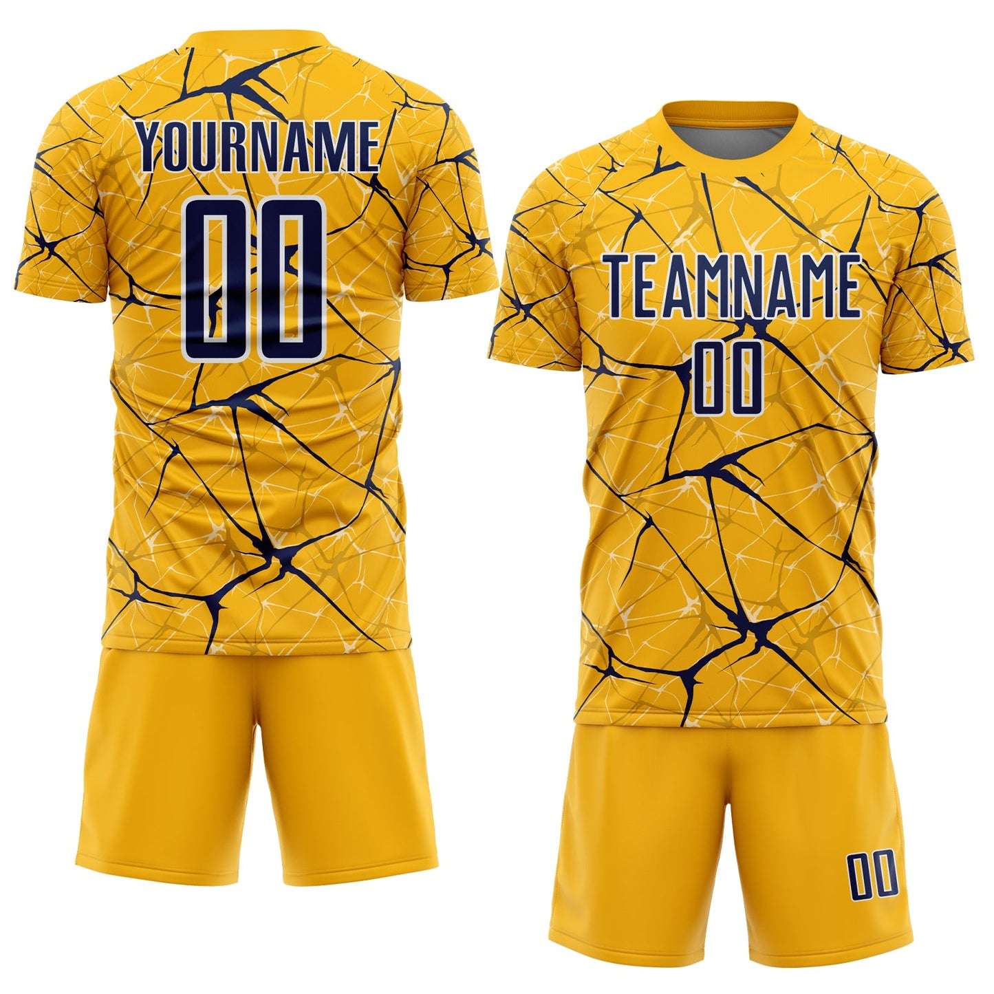 Custom Gold Navy-White Abstract Network Crackle Sublimation Soccer Uniform Jersey view 2
