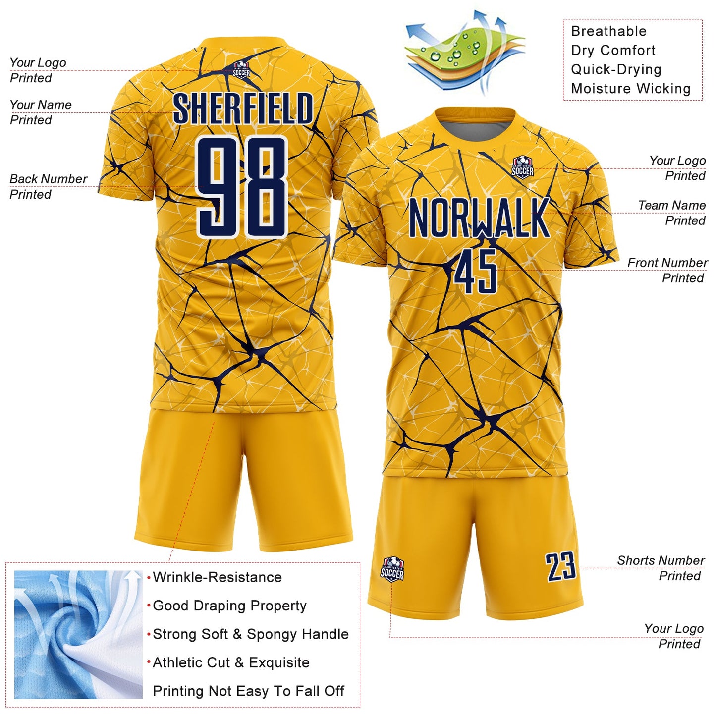 Custom Gold Navy-White Abstract Network Crackle Sublimation Soccer Uniform Jersey view 4