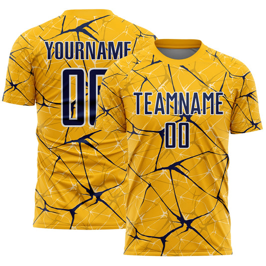 Custom Gold Navy-White Abstract Network Crackle Sublimation Soccer Uniform Jersey - Main View