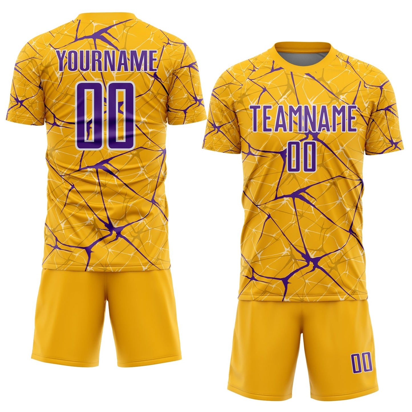 Custom Gold Purple-White Abstract Network Crackle Sublimation Soccer Uniform Jersey view 2