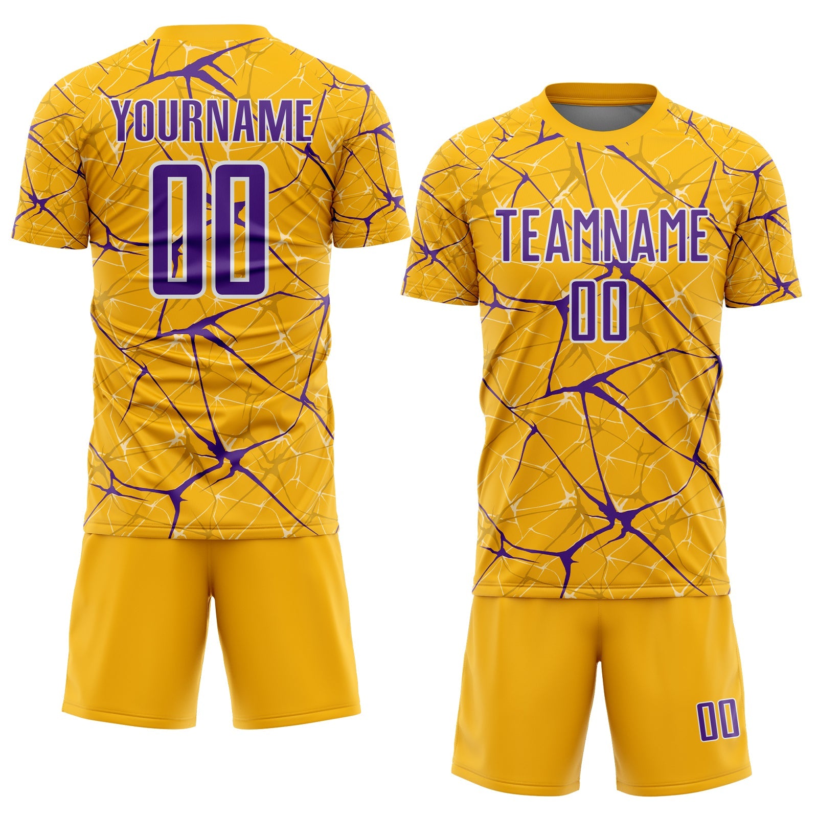 Custom Gold Purple-White Abstract Network Crackle Sublimation Soccer Uniform Jersey view 2