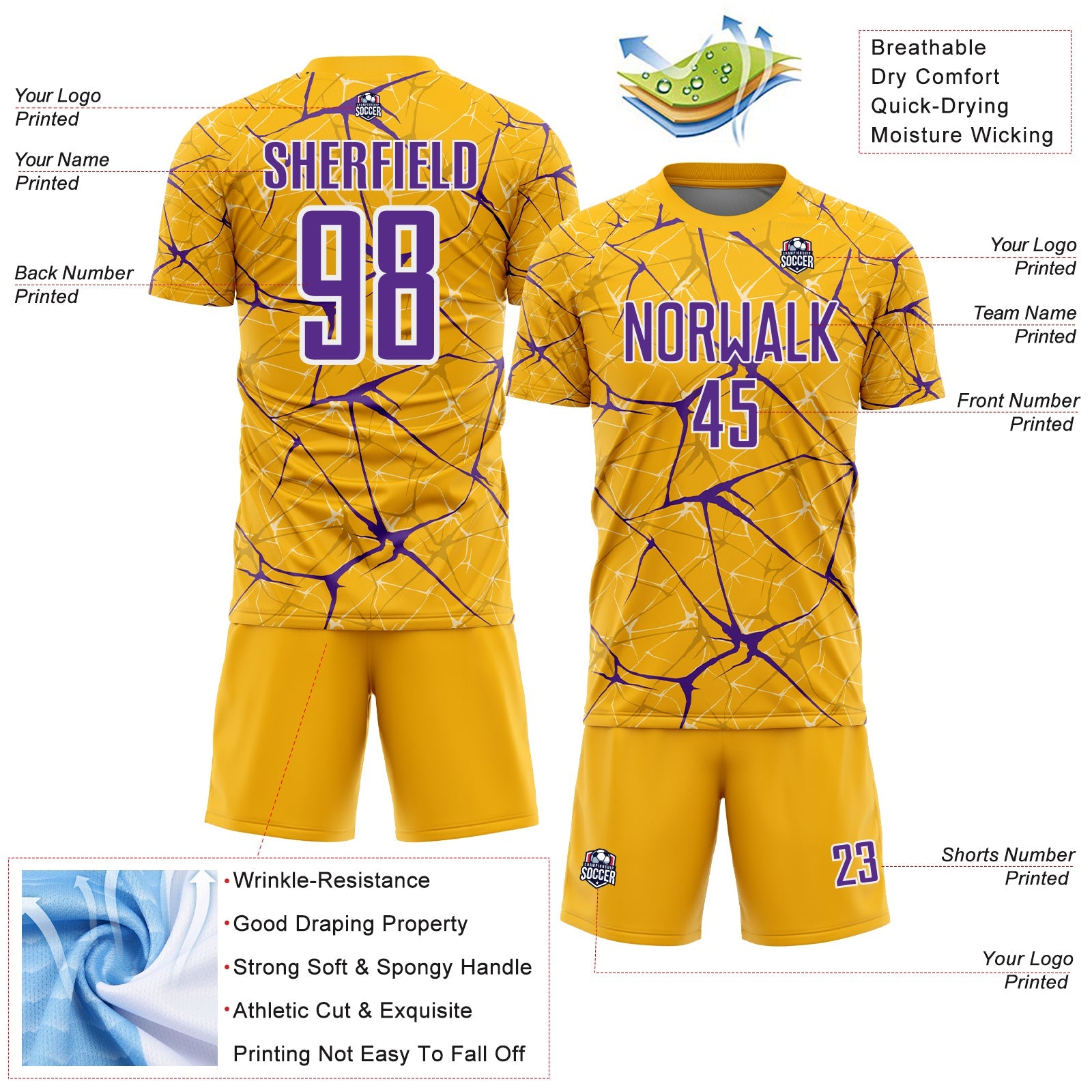 Custom Gold Purple-White Abstract Network Crackle Sublimation Soccer Uniform Jersey view 4