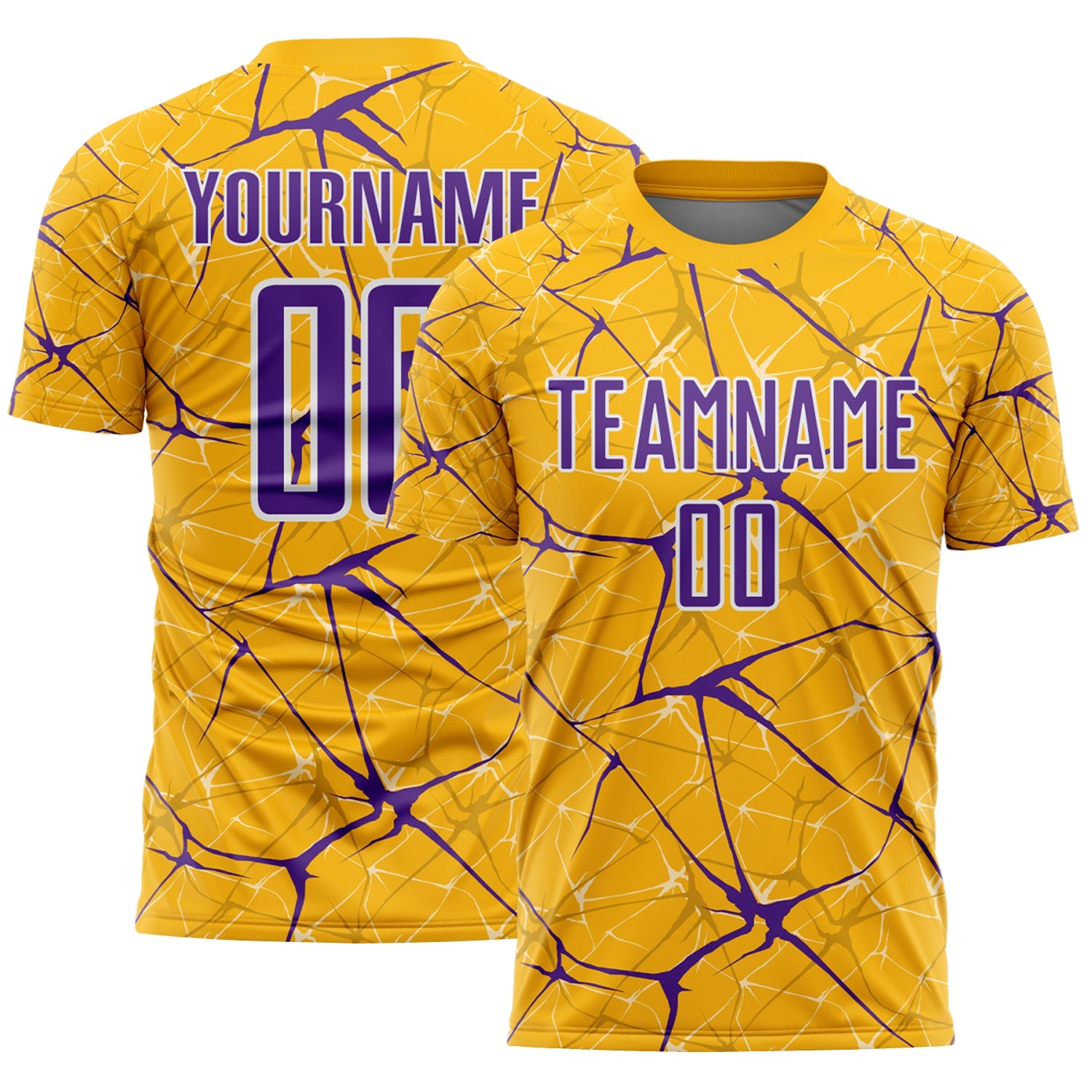 Custom Gold Purple-White Abstract Network Crackle Sublimation Soccer Uniform Jersey - Main View