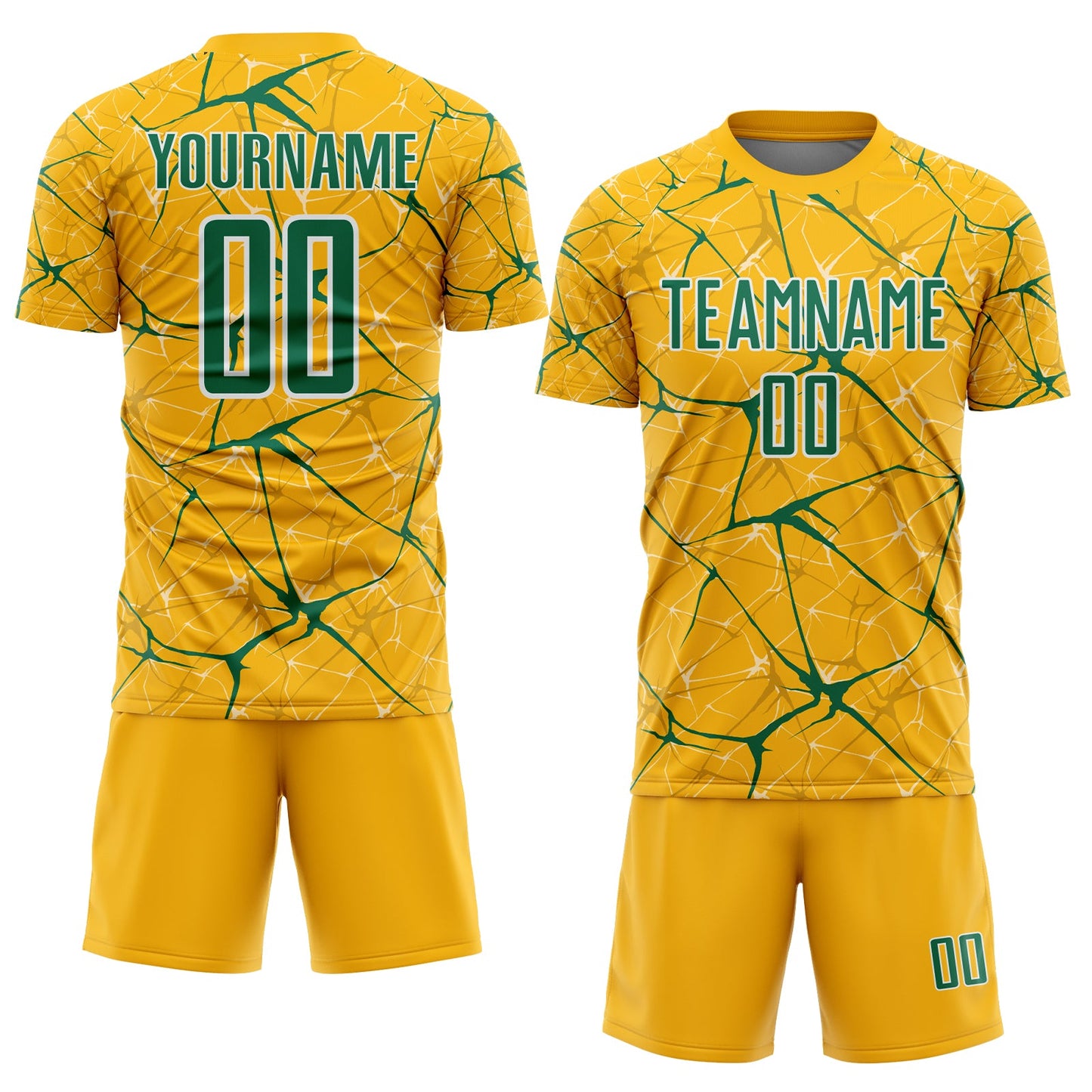 Custom Gold Kelly Green-White Abstract Network Crackle Sublimation Soccer Uniform Jersey view 2