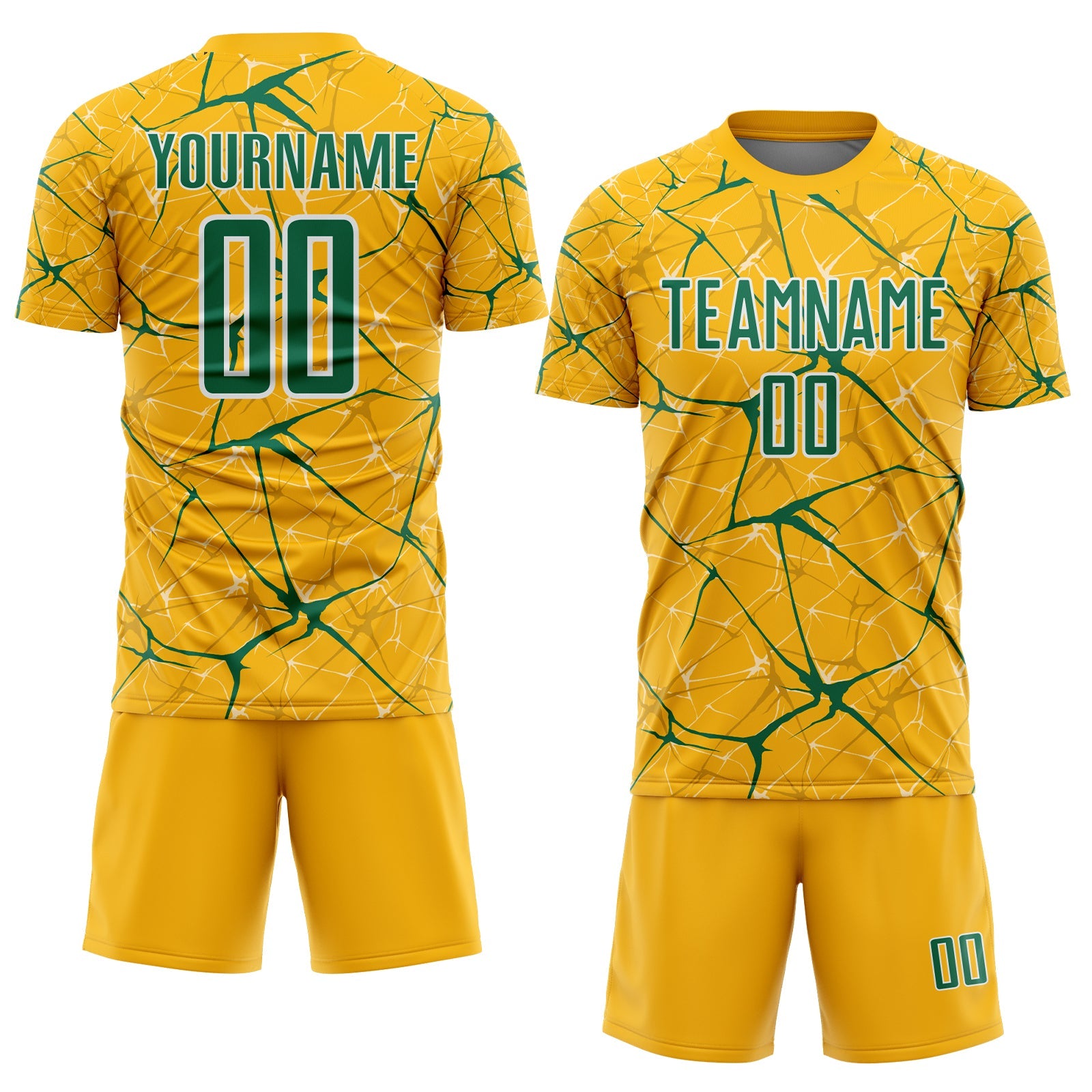 Custom Gold Kelly Green-White Abstract Network Crackle Sublimation Soccer Uniform Jersey view 2