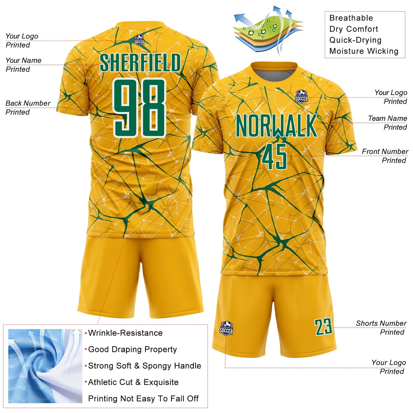 Custom Gold Kelly Green-White Abstract Network Crackle Sublimation Soccer Uniform Jersey view 4