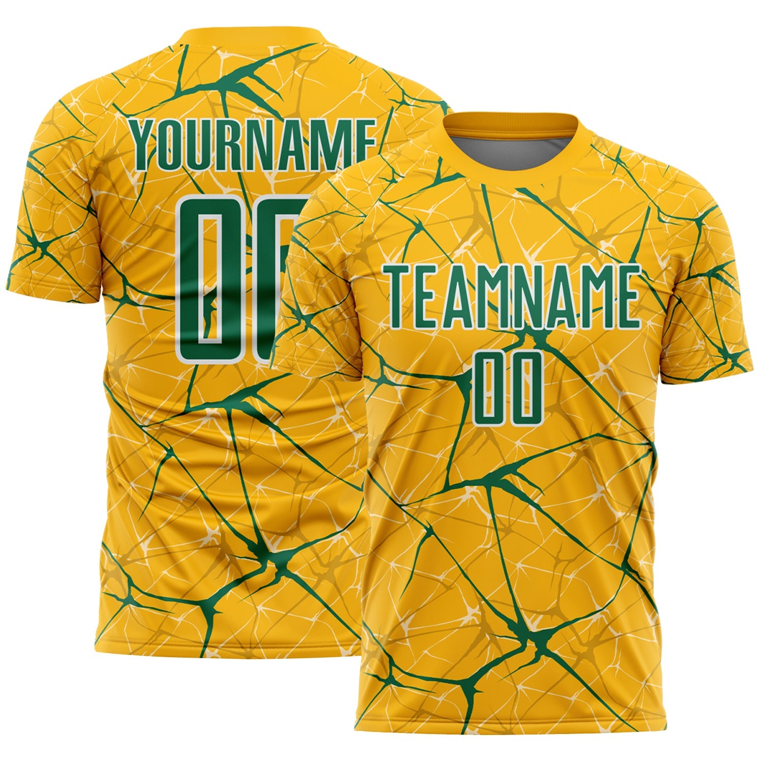 Custom Gold Kelly Green-White Abstract Network Crackle Sublimation Soccer Uniform Jersey - Main View
