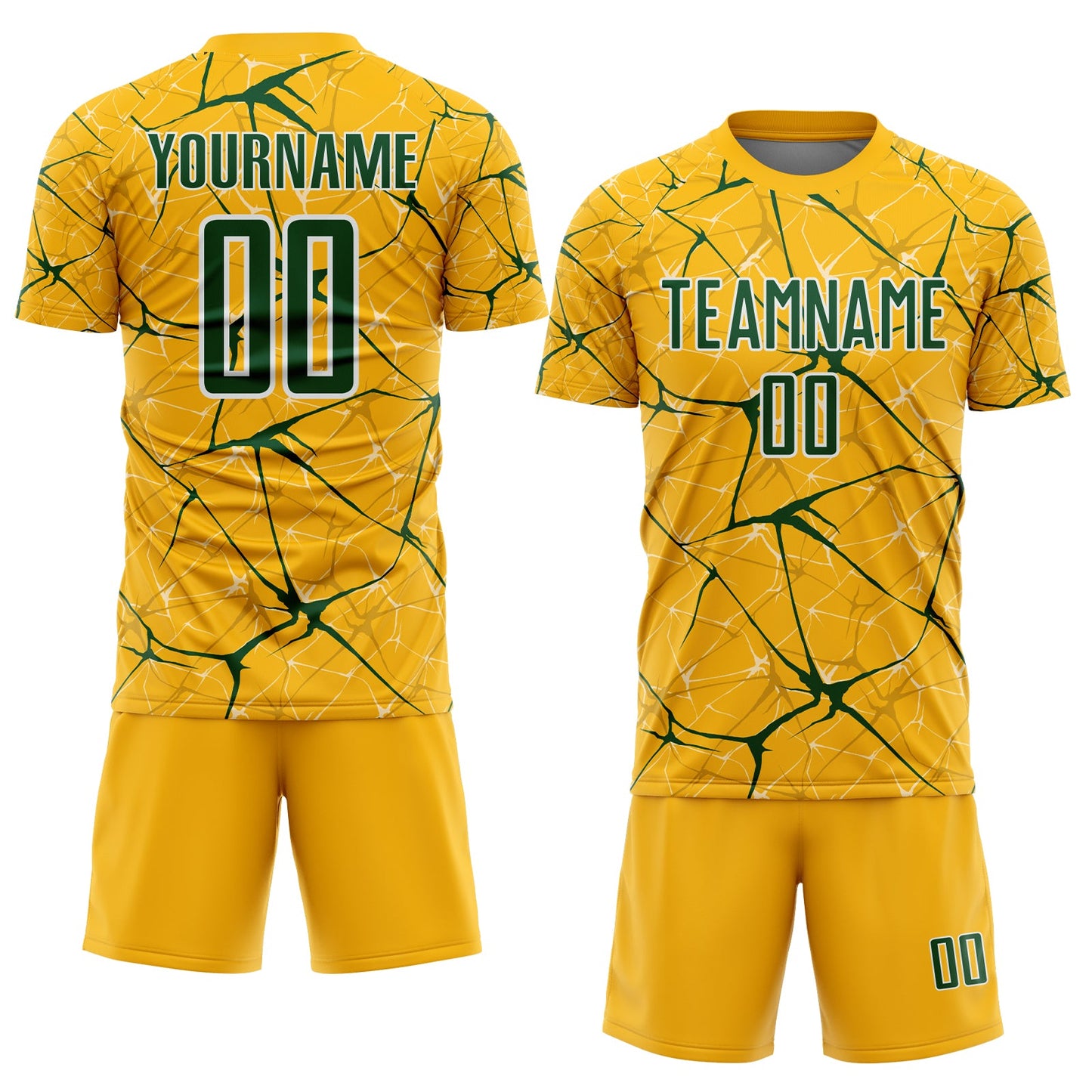 Custom Gold Green-White Abstract Network Crackle Sublimation Soccer Uniform Jersey view 2