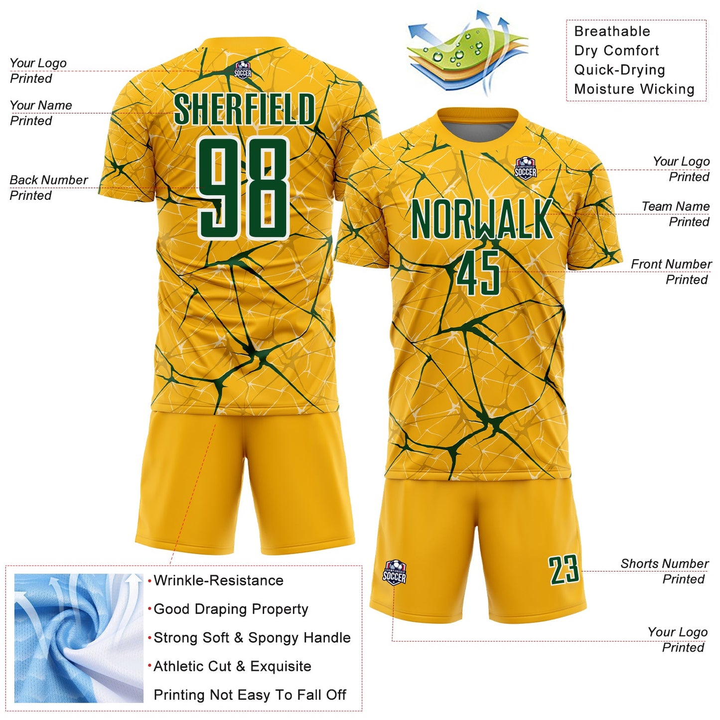 Custom Gold Green-White Abstract Network Crackle Sublimation Soccer Uniform Jersey view 4