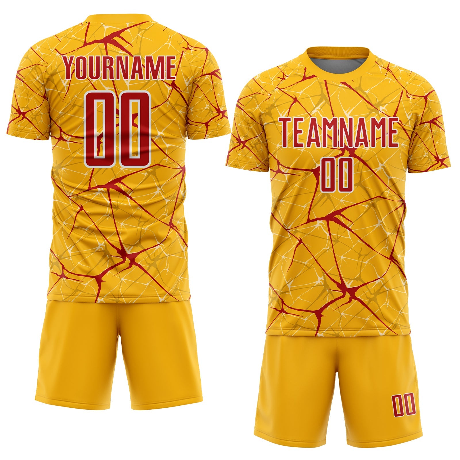 Custom Gold Red-White Abstract Network Crackle Sublimation Soccer Uniform Jersey view 2