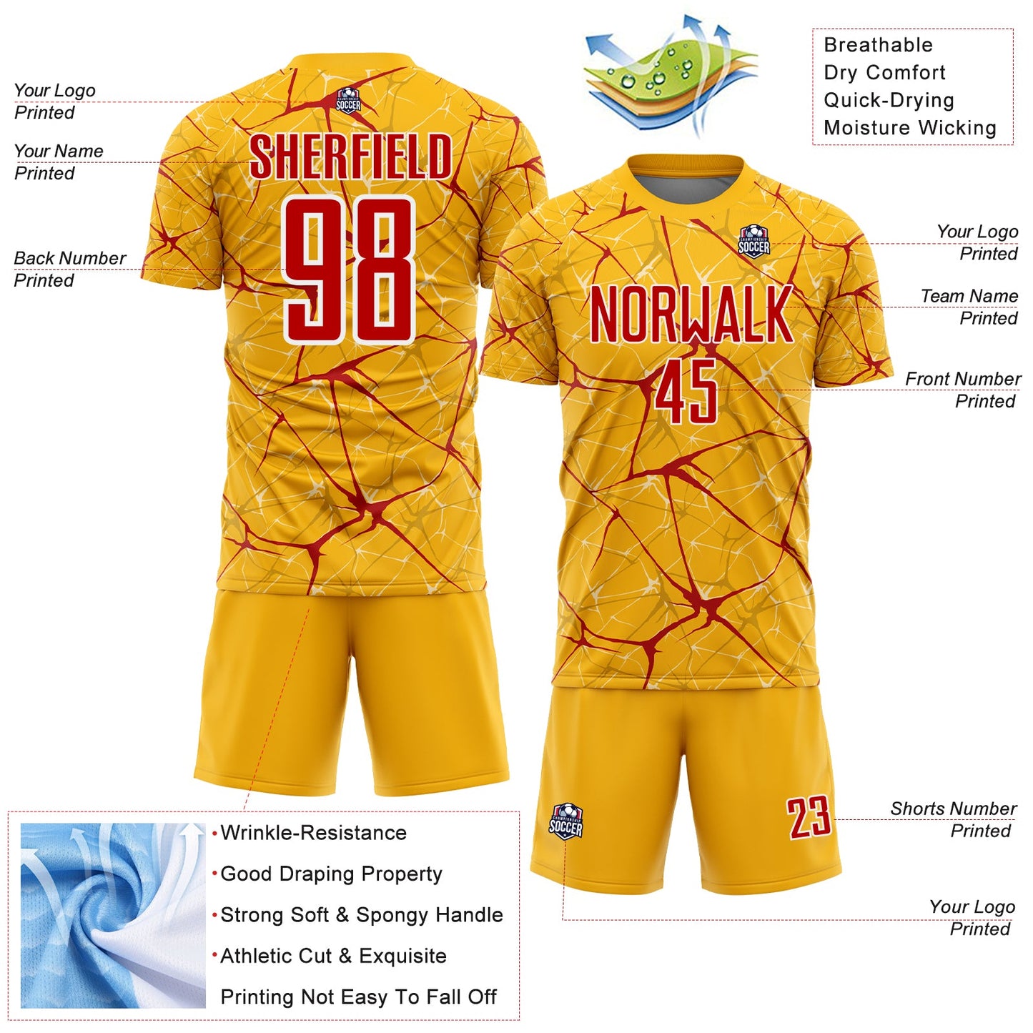Custom Gold Red-White Abstract Network Crackle Sublimation Soccer Uniform Jersey view 4