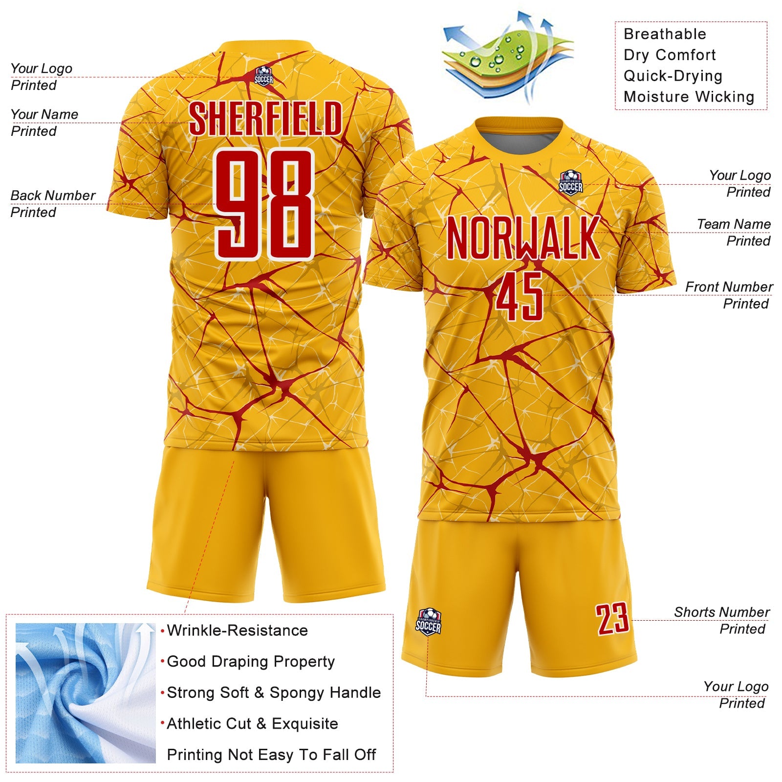 Custom Gold Red-White Abstract Network Crackle Sublimation Soccer Uniform Jersey view 4