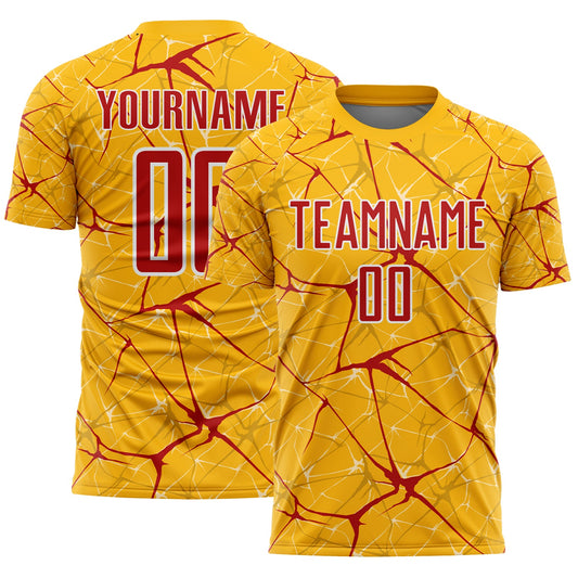 Custom Gold Red-White Abstract Network Crackle Sublimation Soccer Uniform Jersey - Main View