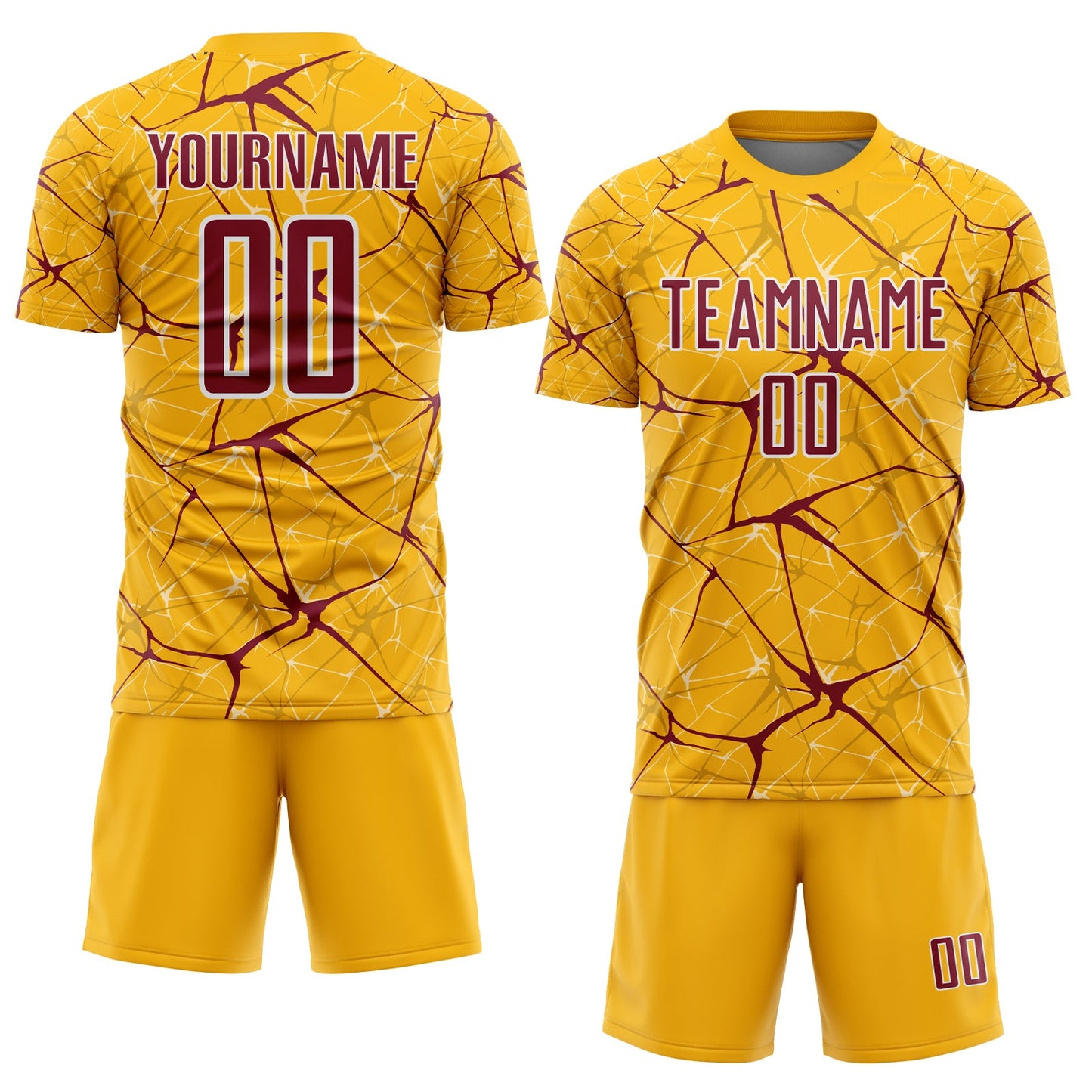 Custom Gold Crimson-White Abstract Network Crackle Sublimation Soccer Uniform Jersey view 2