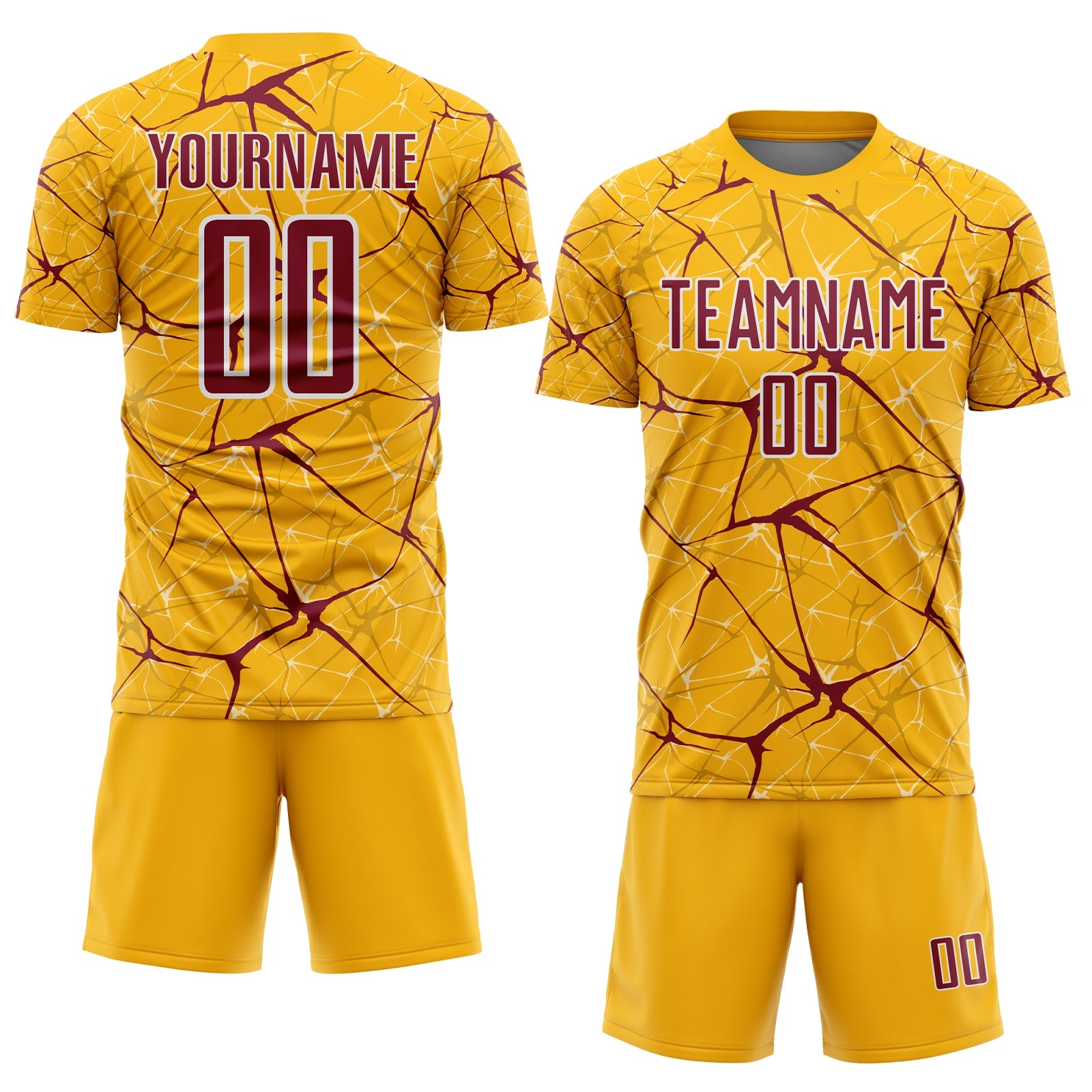 Custom Gold Crimson-White Abstract Network Crackle Sublimation Soccer Uniform Jersey view 2