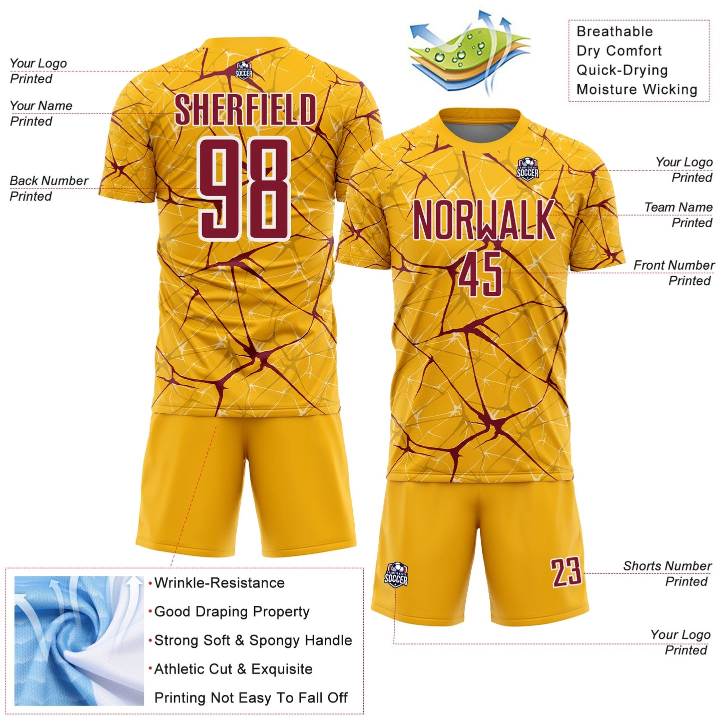 Custom Gold Crimson-White Abstract Network Crackle Sublimation Soccer Uniform Jersey view 4
