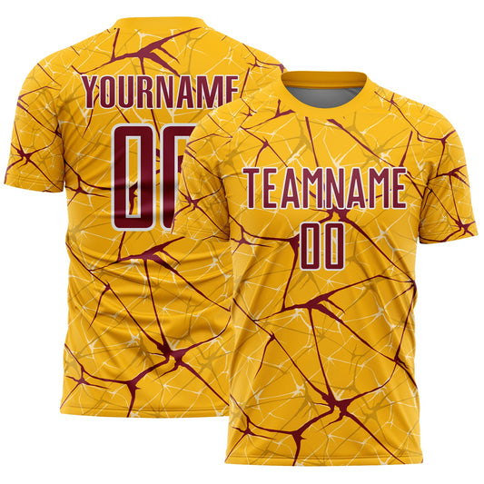 Custom Gold Crimson-White Abstract Network Crackle Sublimation Soccer Uniform Jersey - Main View