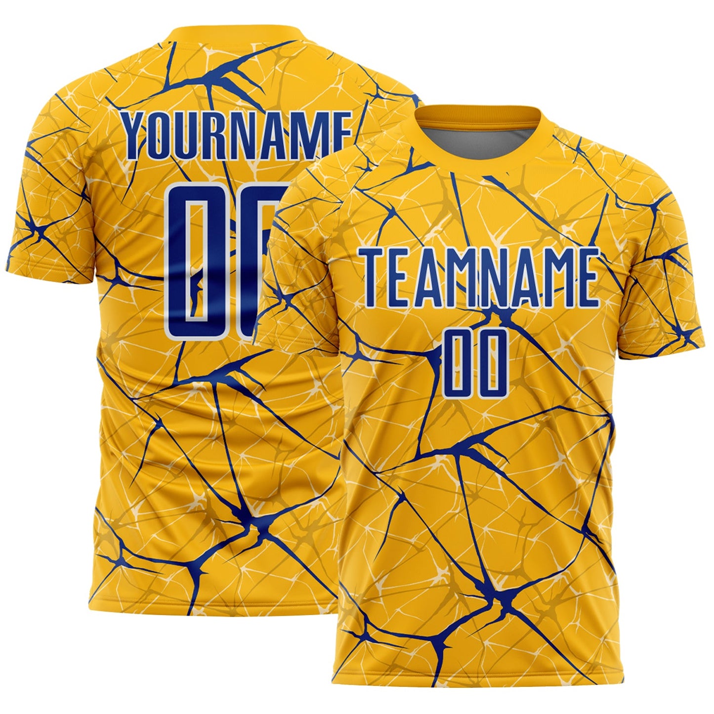 Custom Gold Royal-White Abstract Network Crackle Sublimation Soccer Uniform Jersey - Main View